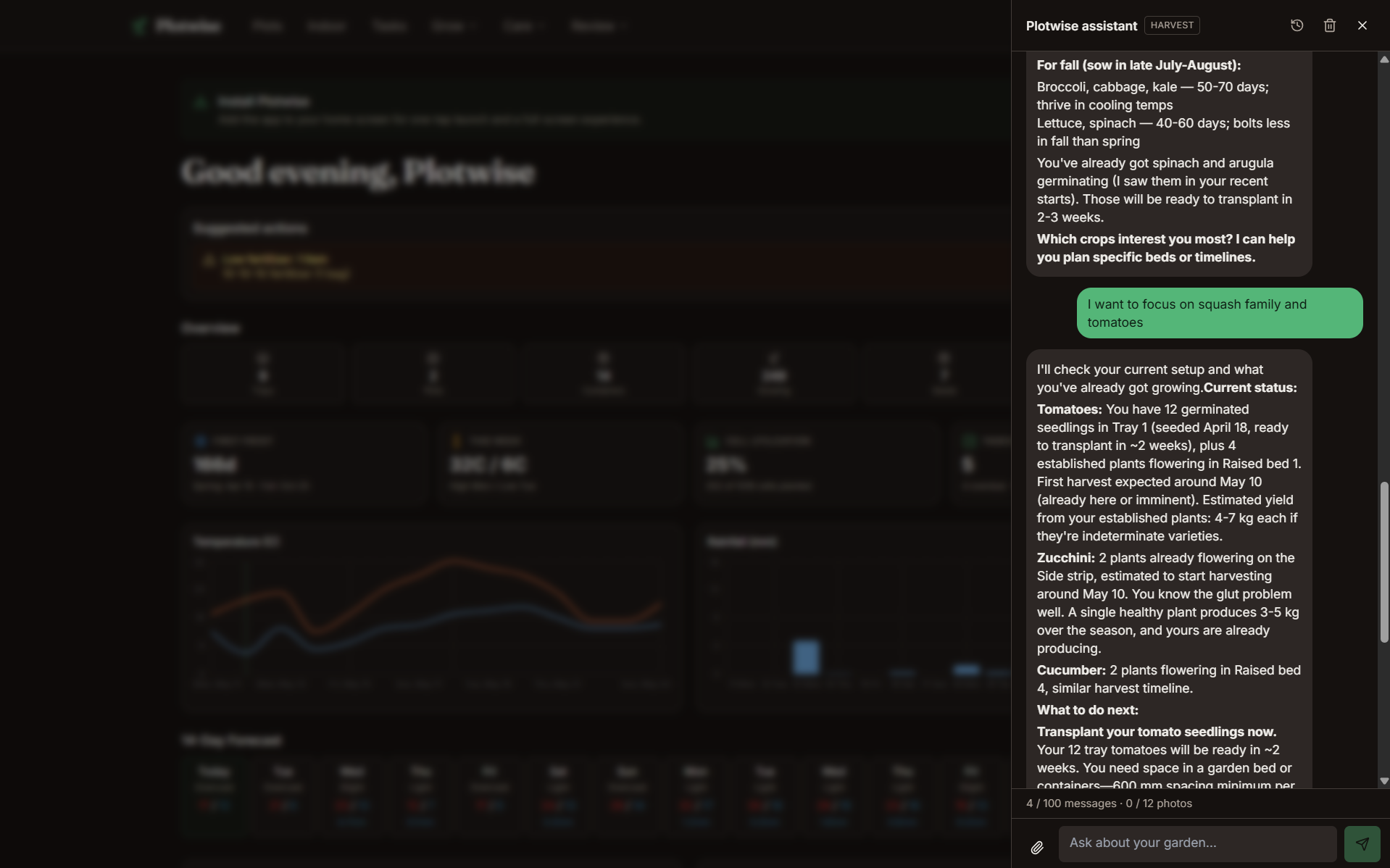 Plotwise AI assistant drawer mid-conversation with crop-specific fall-sowing advice and a confirmation chip