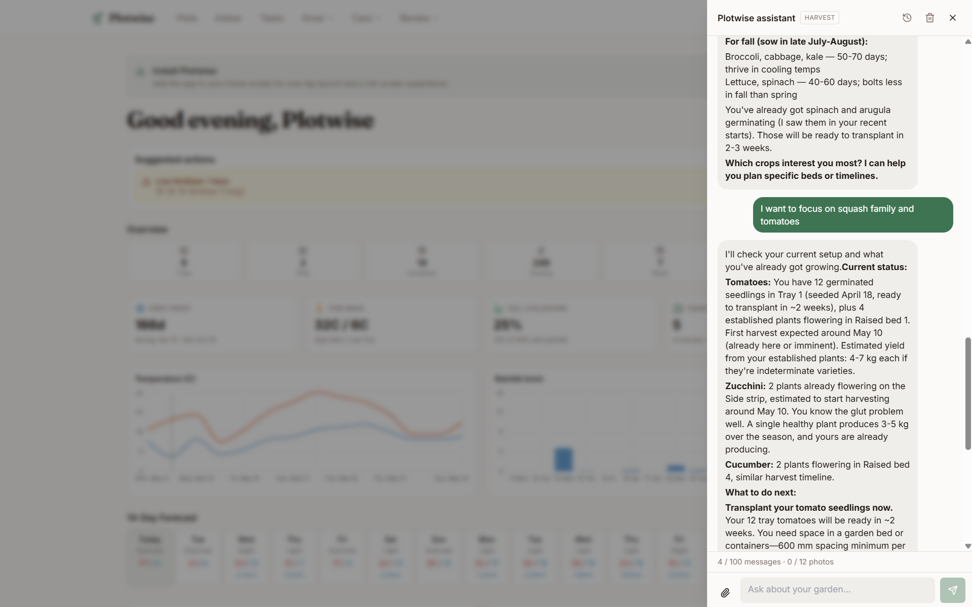 Plotwise AI assistant drawer mid-conversation with crop-specific fall-sowing advice and a confirmation chip