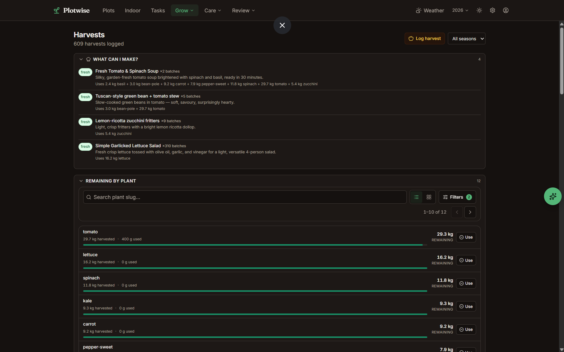 Plotwise harvest log with the "what can I make" recipe-aware section listing scaled recipes
