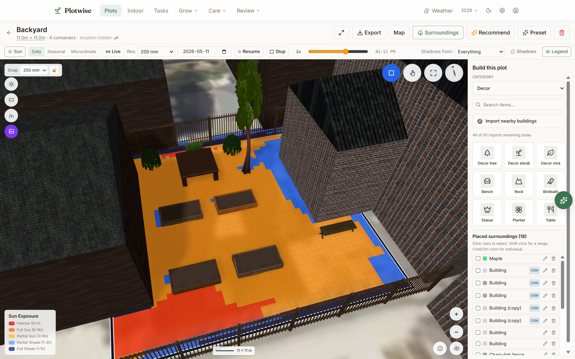 Plotwise 3D plot canvas with the sun heatmap overlay and building shadows