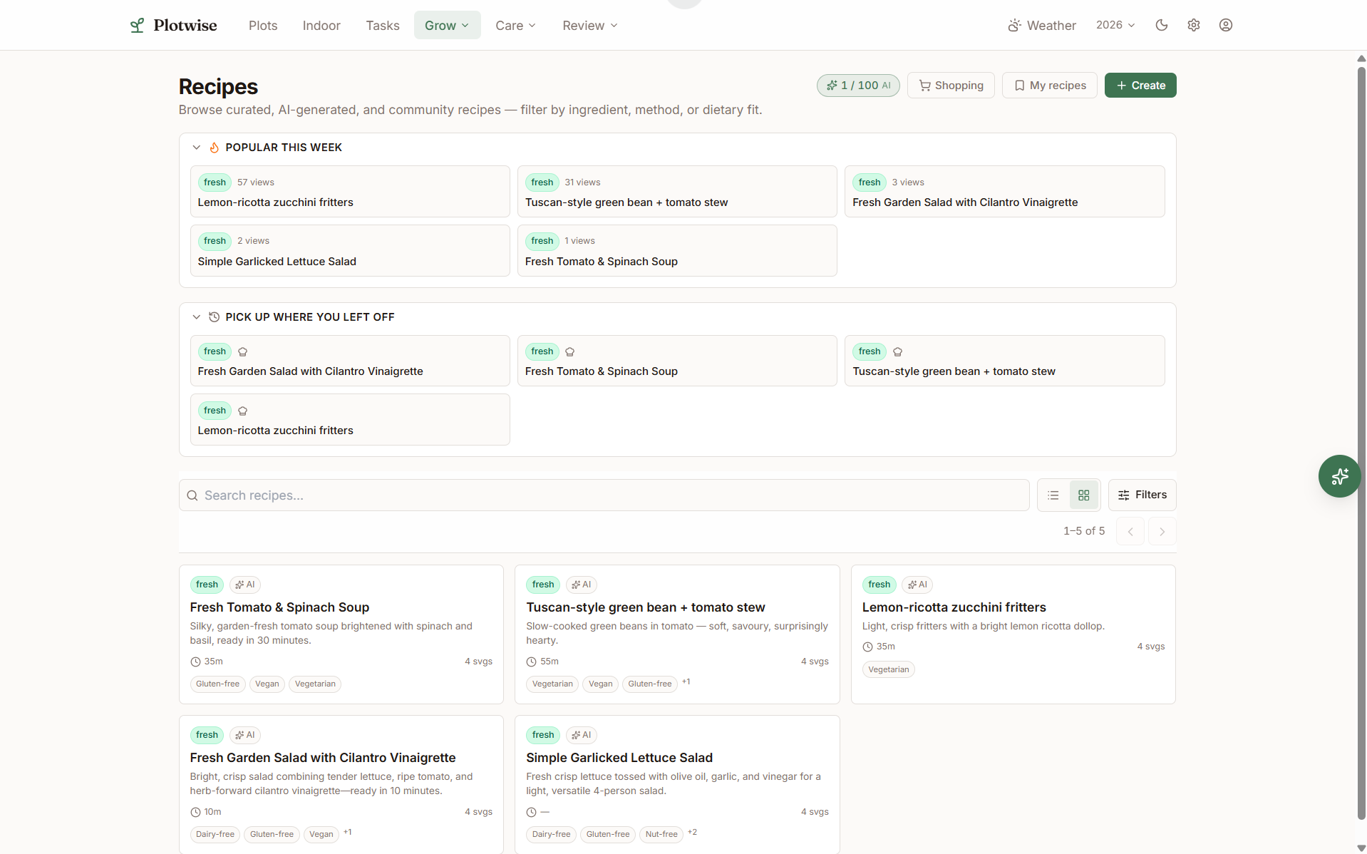 Plotwise recipe library with popular and harvest-aware recipe cards using real garden ingredients